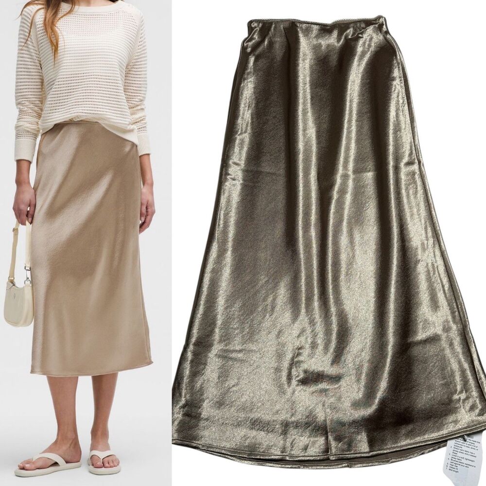 Lululemon Womens Satin Midi Skirt Size XXS Sheer Oak Gold Foil